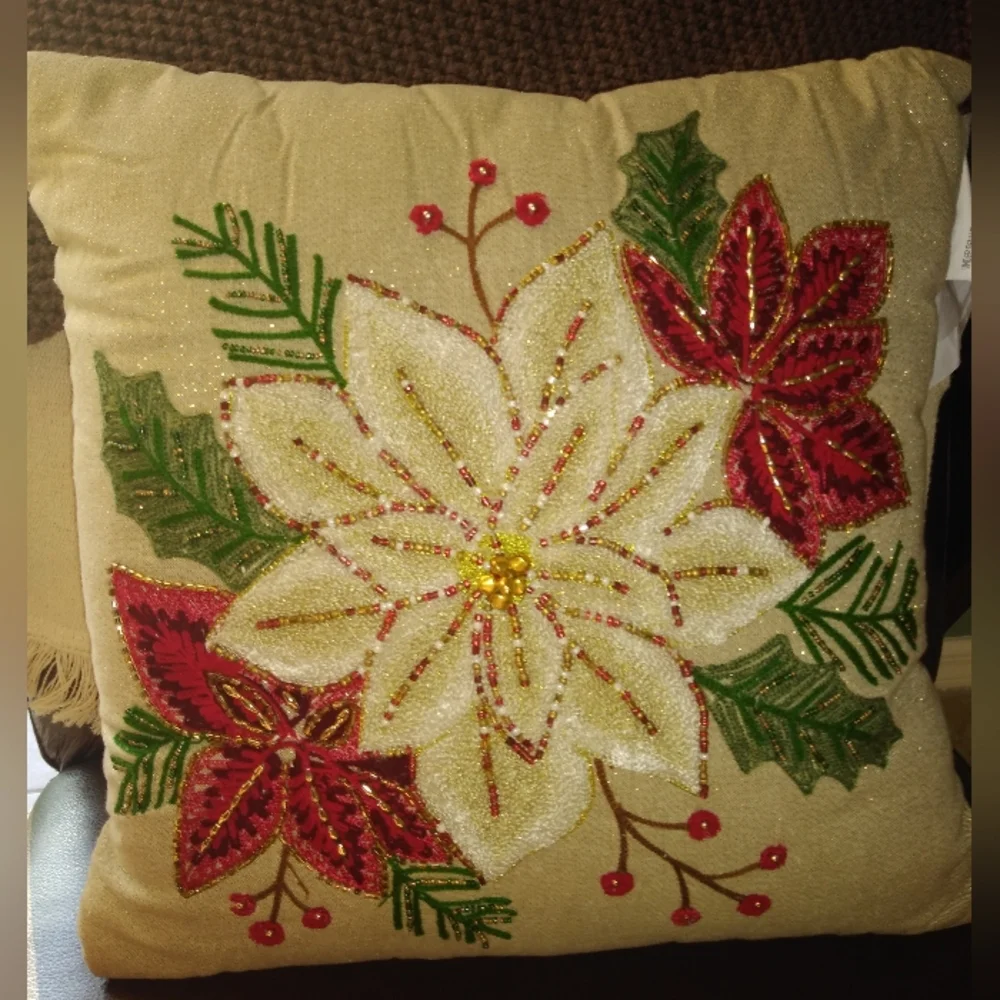 Holiday Pillow with Flower Red and Green Accents 19